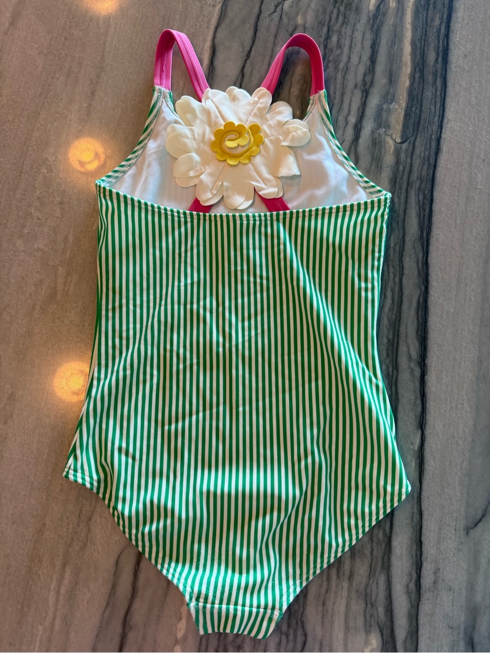 Mini Boden Green and White Striped One-Piece Swimsuit with Floral Accent